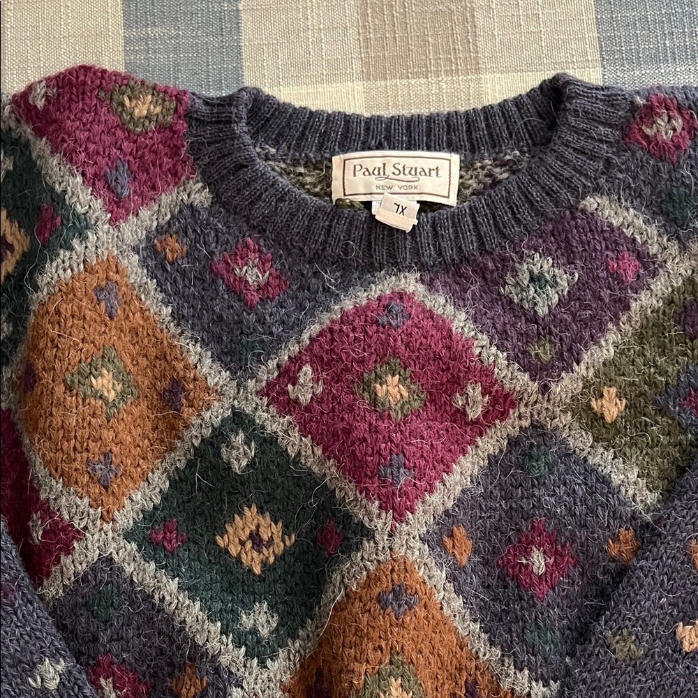 Paul Stuart Men’s Multicolor Diamond Knit Sweater - Slate/Plum Mix